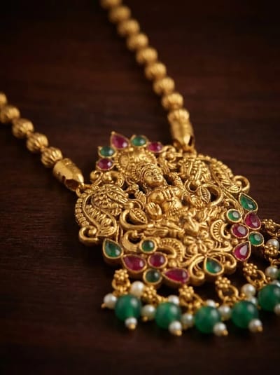 Peacock Scroll Lakshmi Temple Pendant - Green Bead Drops