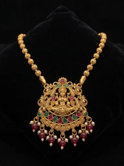 Peacock Fan Lakshmi Temple Pendant - Maroon Bead Drops