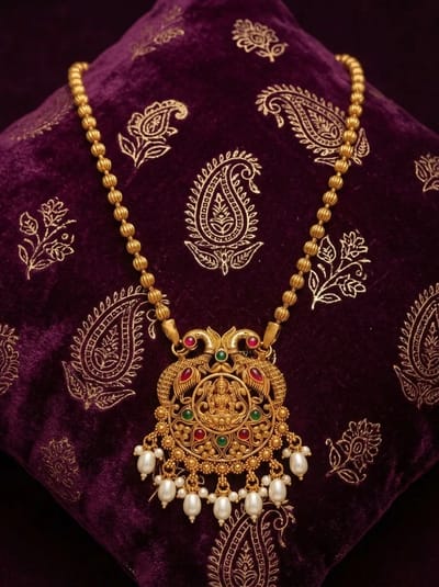 Round Peacock Lakshmi Temple Pendant - Pearl Drops