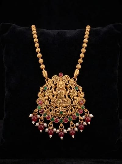 Ornate Peacock Lakshmi Temple Pendant - Maroon Bead Drops