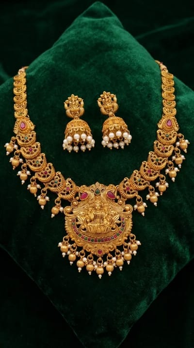 Lakshmi Mango Temple Haar Necklace Set with Jhumkas - Gold Bead Drops