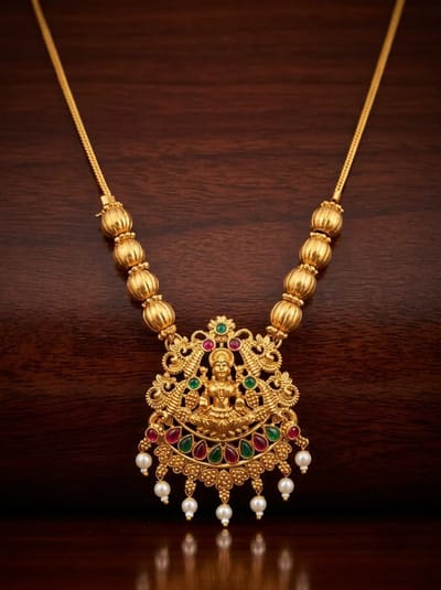 Lakshmi Temple Pendant - Gold Bead Chain, Pearl Drops