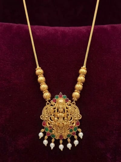 Regal Crown Lakshmi Pendant - Gold Bead Chain