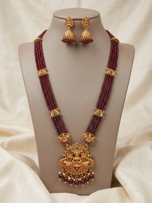 Peacock Lakshmi Crystal Bead Long Haram Rani Haar Set with Jhumkas - Maroon Beads - Necklace from Saubhagya Jewellery