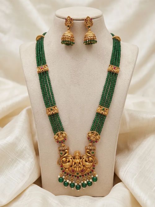 Twin Peacock Lakshmi Crystal Bead Long Haram Rani Haar Set with Jhumkas - Green Beads - Necklace from Saubhagya Jewellery