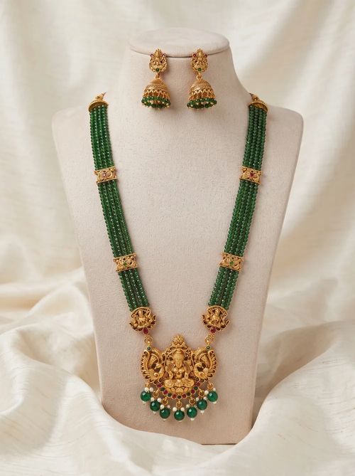 Emerald Green Lakshmi Crystal Bead Long Haram Rani Haar Set with Jhumkas - Necklace from Saubhagya Jewellery