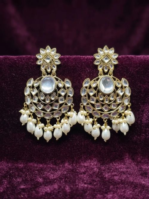 Floral Kundan Chandbali Earrings with Pearl Drops - Earring from Saubhagya Jewellery