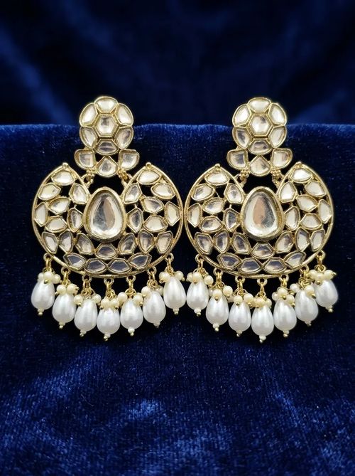 Wide Kundan Chandbali Earrings with Pear-Cut Centre - Earring from Saubhagya Jewellery
