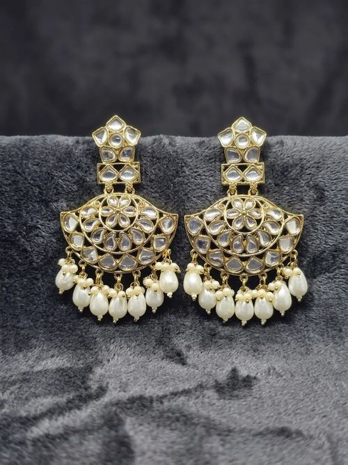 Kundan Fan Chandbali Earrings with Pearl Drops - Earring from Saubhagya Jewellery