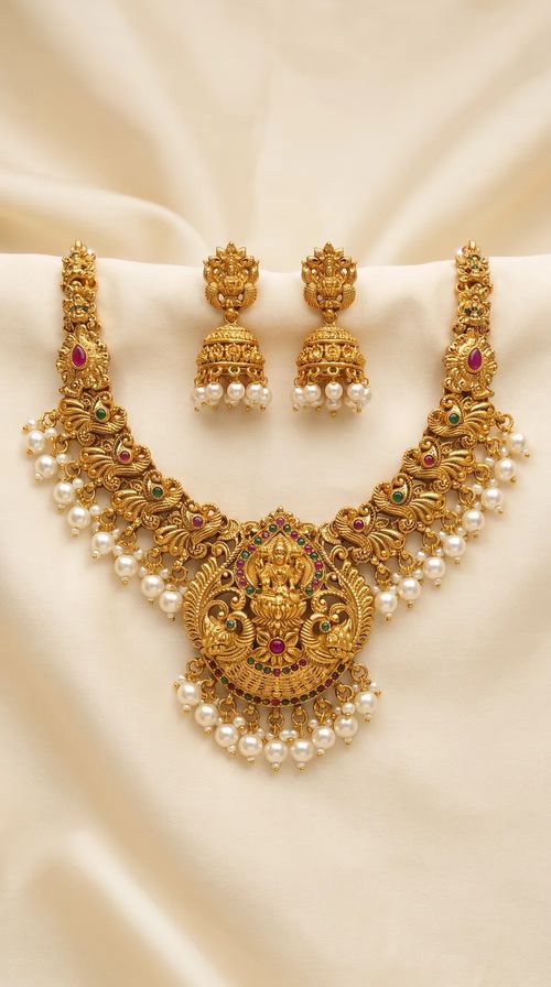 Lakshmi Peacock Temple Haar Necklace Set with Jhumkas - Pearl Drops - Necklace from Saubhagya Jewellery