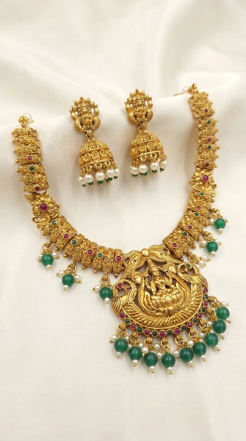 Lakshmi Arch Temple Haar Necklace Set with Jhumkas - Green Bead Drops - Necklace from Saubhagya Jewellery