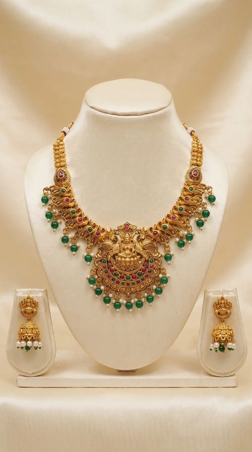 Lakshmi Kemp Stone Temple Haar Necklace Set with Jhumkas - Green Bead Drops - Necklace from Saubhagya Jewellery