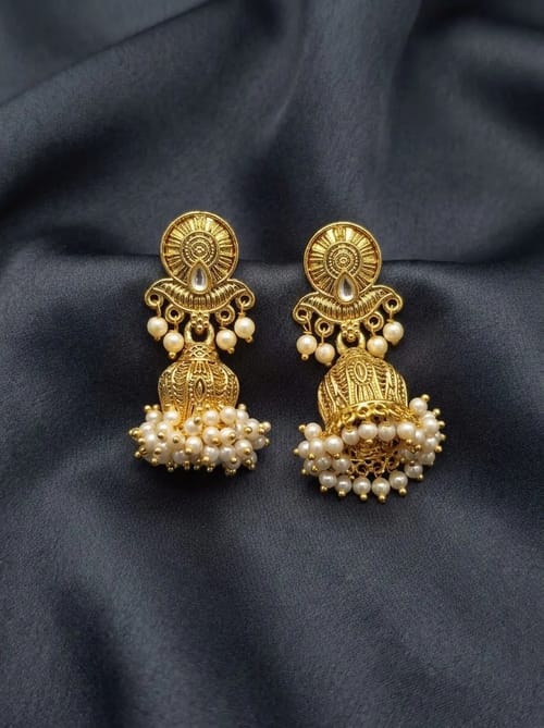 Antique Gold South Indian Jhumka - Round Ribbed Top - Earring from Saubhagya Jewellery