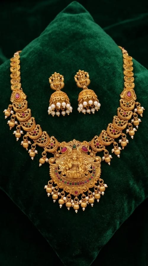 Lakshmi Mango Temple Haar Necklace Set with Jhumkas - Gold Bead Drops - Necklace from Saubhagya Jewellery