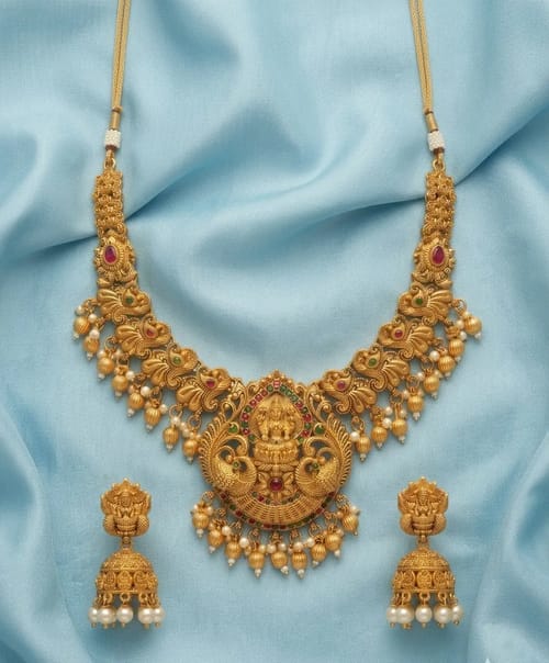 Lakshmi Peacock Temple Haar Necklace Set with Jhumkas - Gold Bead Drops - Necklace from Saubhagya Jewellery
