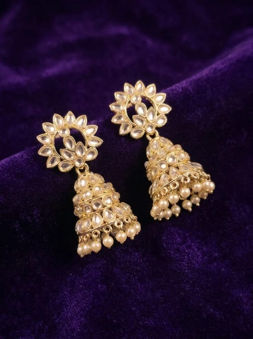 Lotus Kundan Jhumka Earrings with Pearl Drops - Earring from Saubhagya Jewellery