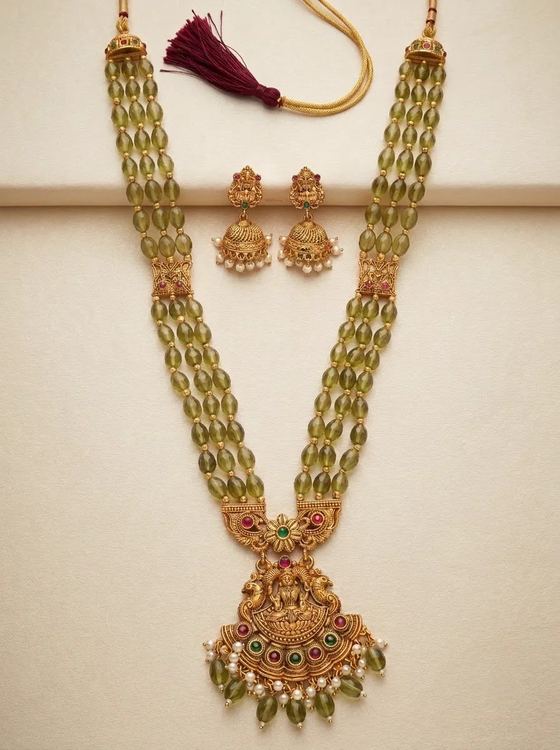 Lotus Yoke Lakshmi Bead Long Haram Rani Haar Set with Jhumkas - Olive Beads - Necklace from Saubhagya Jewellery