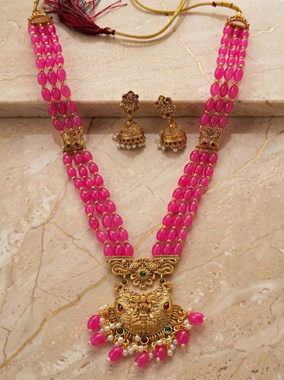Floral Crest Lakshmi Bead Long Haram Rani Haar Set with Jhumkas - Pink Beads - Necklace from Saubhagya Jewellery