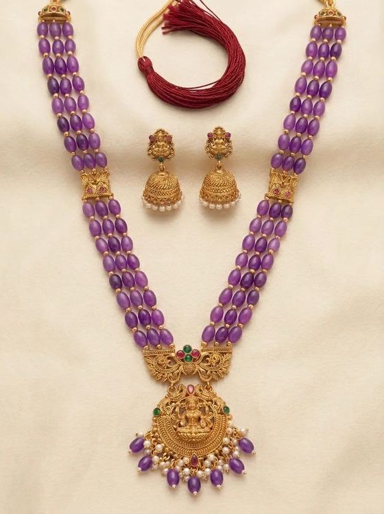 Ornate Yoke Lakshmi Bead Long Haram Rani Haar Set with Jhumkas - Purple Beads - Necklace from Saubhagya Jewellery