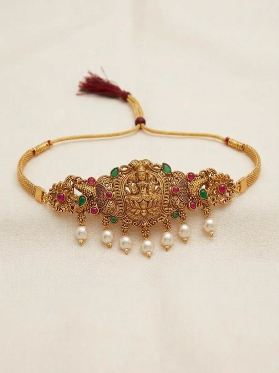 Lotus Arch Lakshmi Temple Choker - Pearl Drops - Choker from Saubhagya Jewellery