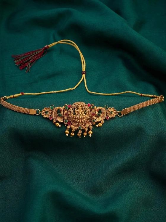 Floral Peacock Lakshmi Temple Choker - Gold Bead Drops - Choker from Saubhagya Jewellery