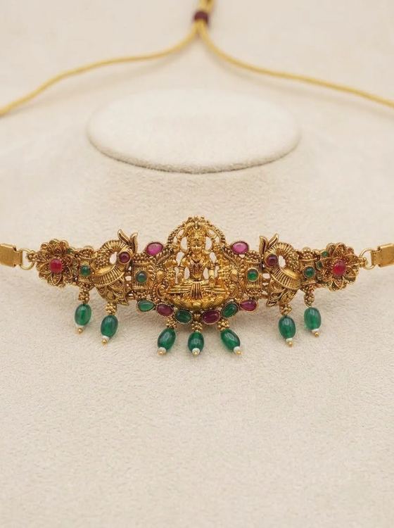Twin Peacock Lakshmi Temple Choker - Emerald Bead Drops - Choker from Saubhagya Jewellery