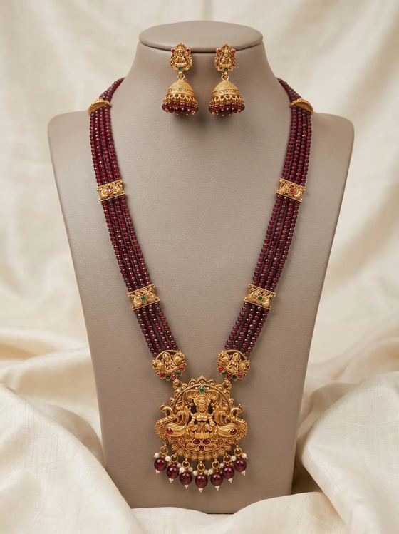 Peacock Lakshmi Crystal Bead Long Haram Set with Jhumkas - Maroon Beads - Necklace from Saubhagya Jewellery