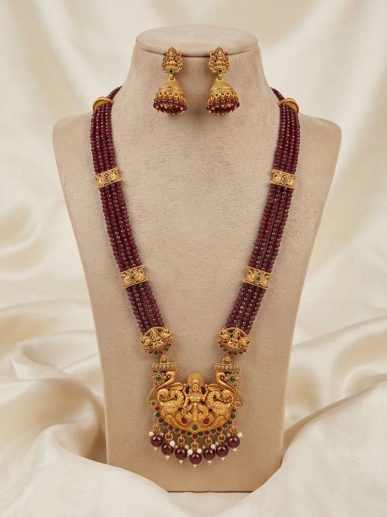 Twin Peacock Lakshmi Crystal Bead Long Haram Set with Jhumkas - Maroon Beads - Necklace from Saubhagya Jewellery