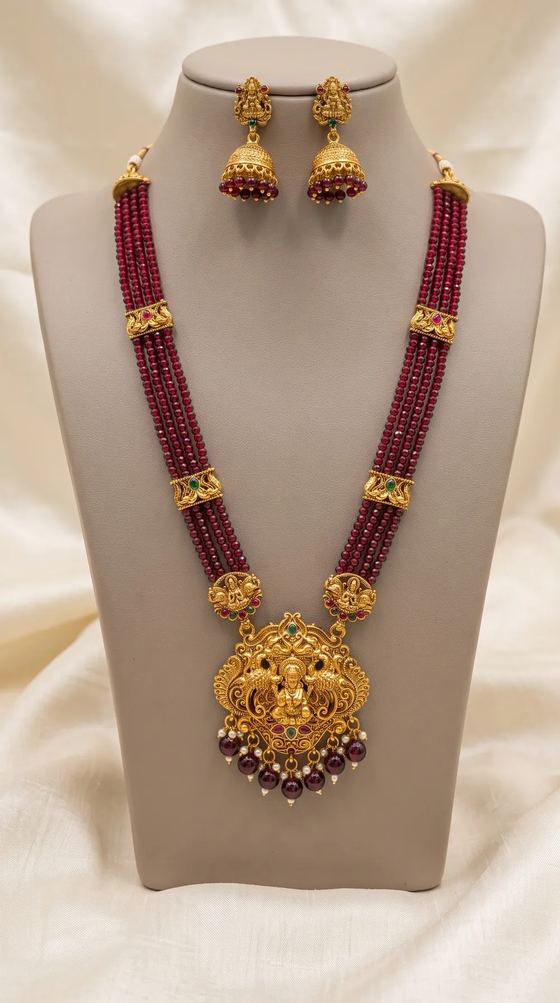 Round Lakshmi Crystal Bead Long Haram Set with Jhumkas - Maroon Beads - Necklace from Saubhagya Jewellery