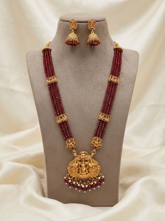 Compact Lakshmi Crystal Bead Long Haram Set with Jhumkas - Maroon Beads - Necklace from Saubhagya Jewellery