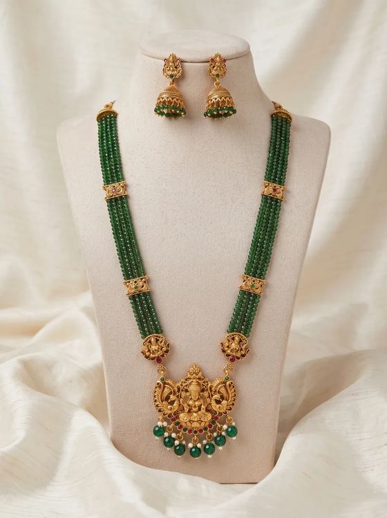 Emerald Green Lakshmi Crystal Bead Long Haram Set with Jhumkas - Necklace from Saubhagya Jewellery