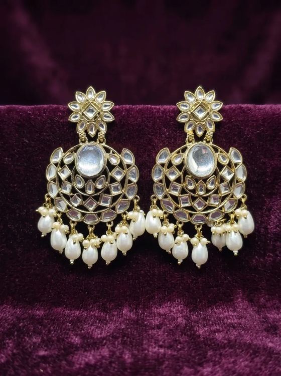 Floral Kundan Chandbali Earrings with Pearl Drops - Earring from Saubhagya Jewellery