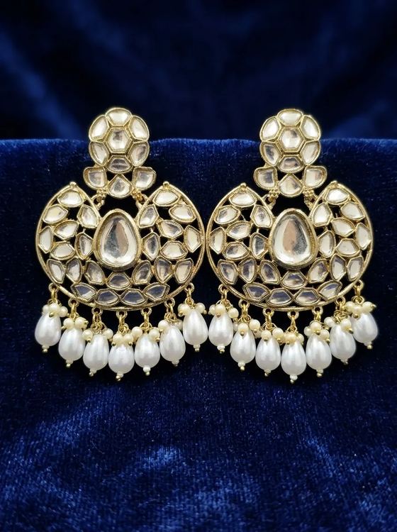 Wide Kundan Chandbali Earrings with Pear-Cut Centre - Earring from Saubhagya Jewellery