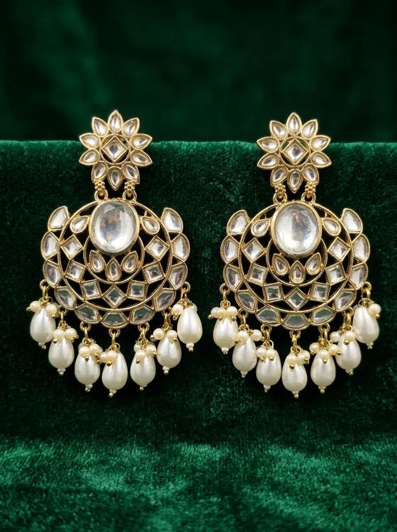 Round Kundan Chandbali Earrings with Pearl Fringe - Earring from Saubhagya Jewellery