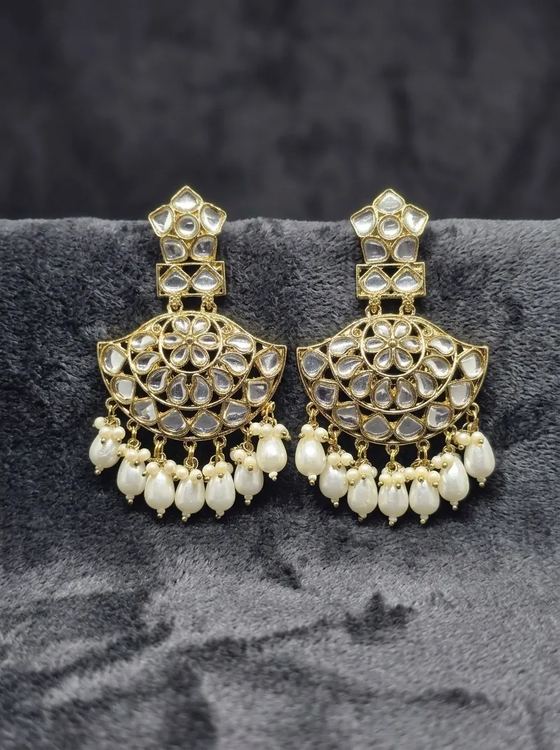 Kundan Fan Chandbali Earrings with Pearl Drops - Earring from Saubhagya Jewellery