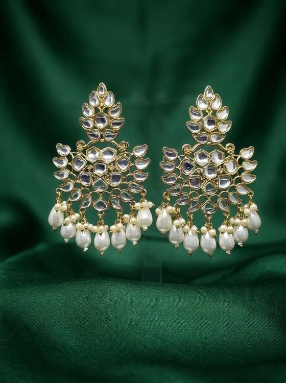 Kundan Leaf Chandbali Earrings with Pearl Drops - Earring from Saubhagya Jewellery