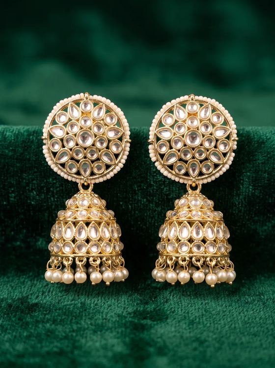 Round Kundan Jhumka Earrings with Pearl Border - Earring from Saubhagya Jewellery