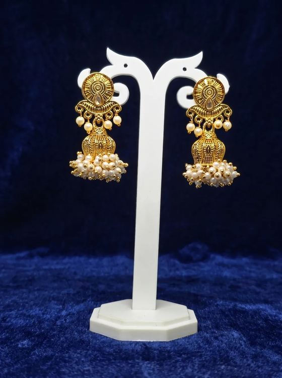 Antique Gold South Indian Jhumka - Round Ribbed Top - Earring from Saubhagya Jewellery
