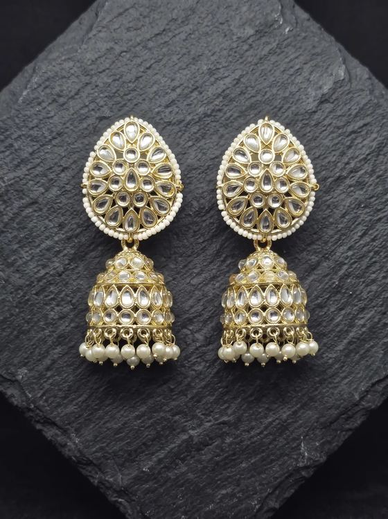 Teardrop Kundan Jhumka Earrings with Pearl Border - Earring from Saubhagya Jewellery