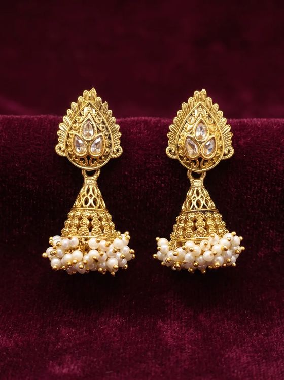 Antique Gold South Indian Jhumka - Paisley Top - Earring from Saubhagya Jewellery
