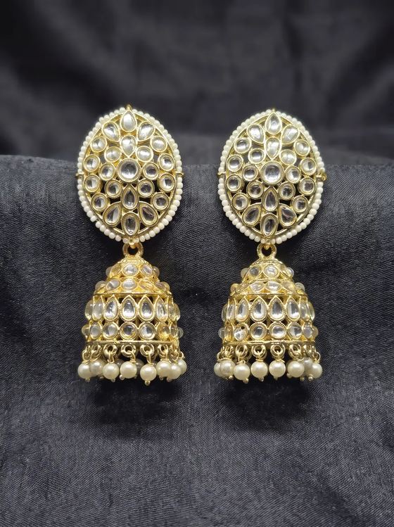 Oval Kundan Jhumka Earrings with Pearl Border - Earring from Saubhagya Jewellery