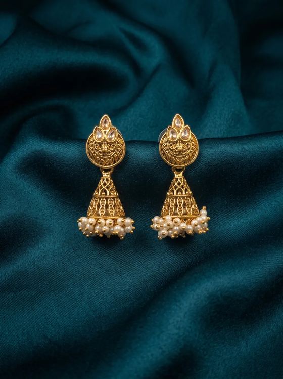 Antique Gold South Indian Jhumka - Peacock Top - Earring from Saubhagya Jewellery