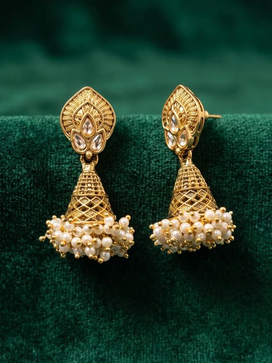 Antique Gold South Indian Jhumka - Peacock Plume Top - Earring from Saubhagya Jewellery