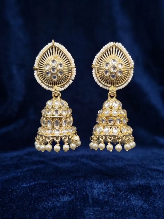 Sunburst Kundan Jhumka Earrings with Pearl Border - Earring from Saubhagya Jewellery
