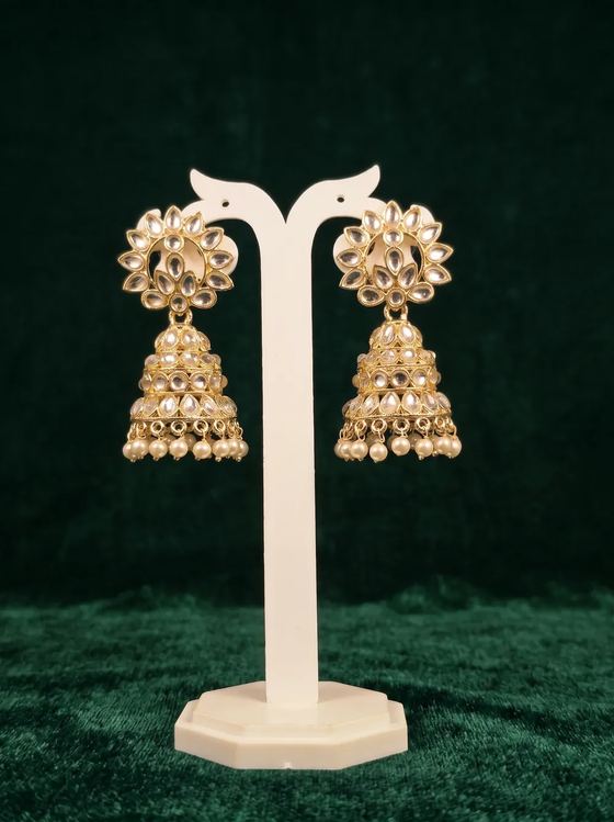 Lotus Kundan Jhumka Earrings with Pearl Drops - Earring from Saubhagya Jewellery