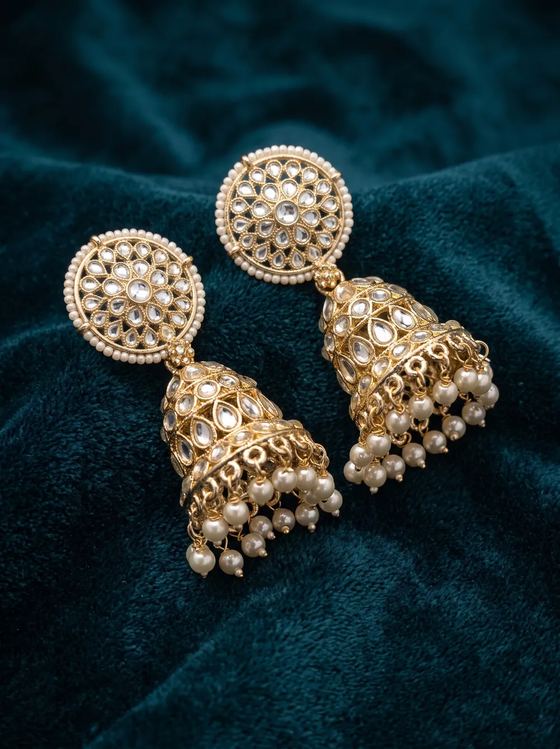 Grand Round Kundan Jhumka Earrings with Pearl Fringe - Earring from Saubhagya Jewellery