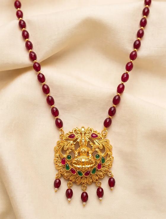 Antique Gold Lakshmi Pendant with Red Beaded Chain - Pendant from Saubhagya Jewellery