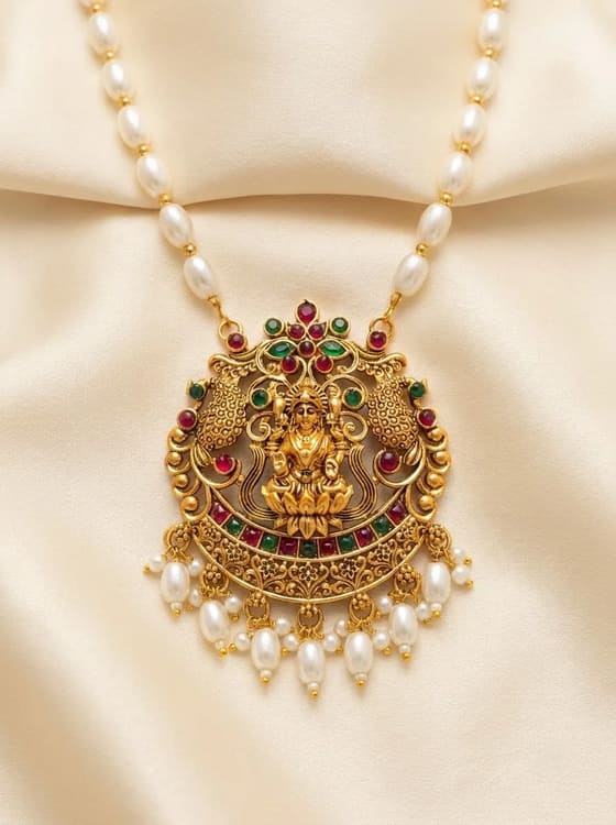 Crown Peacock Lakshmi Temple Pendant - Red Bead Chain - Pendant from Saubhagya Jewellery