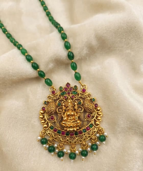 Antique Gold Lakshmi Temple Pendant with Green Beaded Chain - Pendant from Saubhagya Jewellery