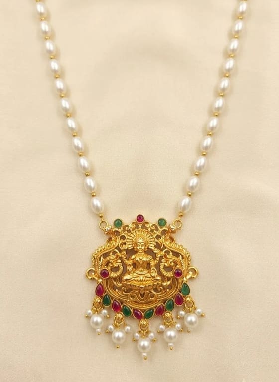 Pearl Chain with Antique Gold Lakshmi Temple pendant - Pendant from Saubhagya Jewellery